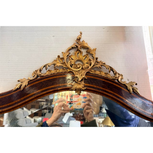 French Grand Inlaid Mahogany Floor Mirror With Gilt Bronze Mounts 76"h For Sale - Image 3 of 6