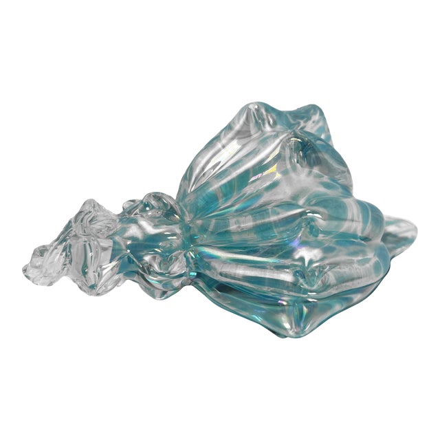 Vintage Hand-Blown Italian Glass Conch Shell Sculpture – Blue Swirl Aventurine Art For Sale
