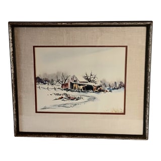Vintage Watercolor Winter Landscape Snow Red Barn Trees Matted Framed & Signed For Sale