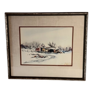 Vintage Watercolor Winter Landscape Snow Red Barn Trees Matted Framed & Signed