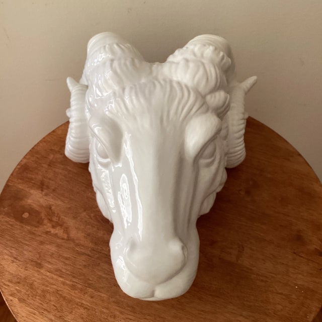 Neoclassical wall mounted Ram's Head sculpture in glazed white porcelain. This piece was made in Italy Circa 1980s