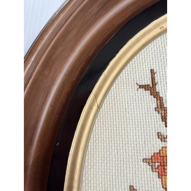 Vintage Needlepoint Girl & Boy In Antique Oval Deep Wood & Gold Frames For Sale - Image 9 of 16