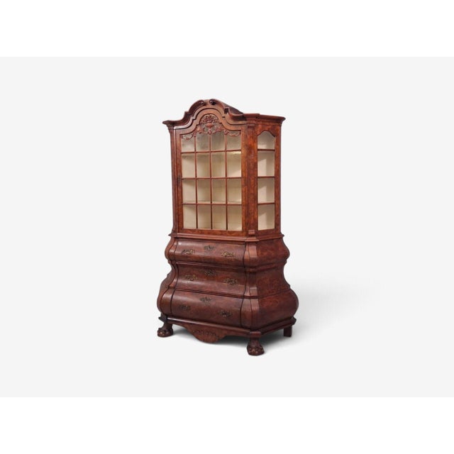 Dutch Baroque Style, Large Bombe Bookcase, Burr Walnut, Glass, England, 1940s For Sale - Image 4 of 15