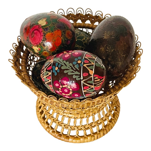 Easter Handpainted Wood Eggs in Basket For Sale