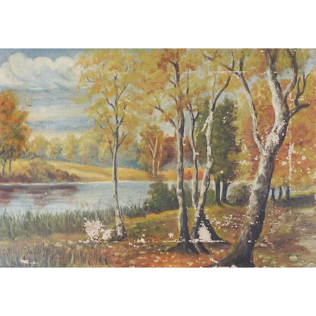 Vintage 1934 Distressed Autumn Landscape Painting For Sale - Image 4 of 4