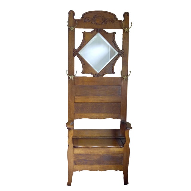 Vintage Oak Hall Tree | Chairish