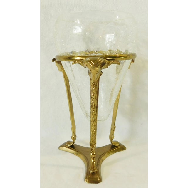 Vintage Solid Brass Ram's Head & Feet Crackle Glass Floating Vase With Base For Sale - Image 11 of 11