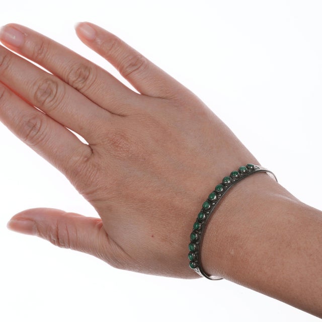 6 3/8" 30's-40's Native American Stamped silver Green turquoise row cuff bracelet For Sale - Image 9 of 10