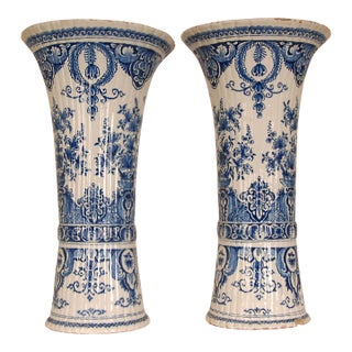 Antique Dutch Delft Vases Blue and White Earthenware Tall Beaker Vases - A Pair For Sale