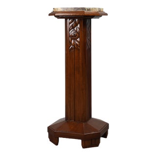 Large Art Deco Oak and Marble Pedestal, France, 1920s For Sale