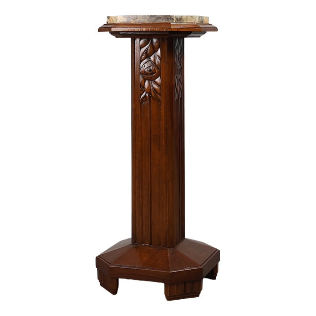 Large Art Deco Oak and Marble Pedestal, France, 1920s For Sale