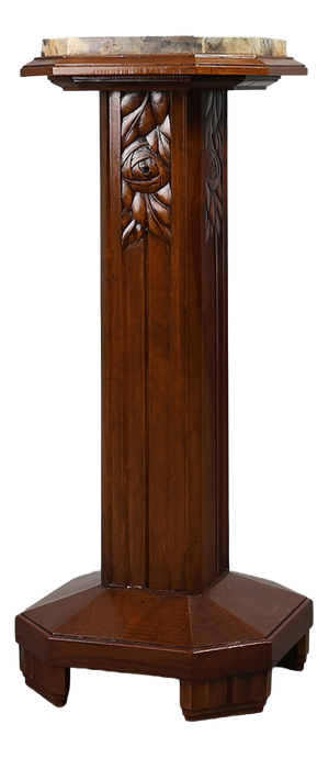 Large Art Deco Oak and Marble Pedestal, France, 1920s