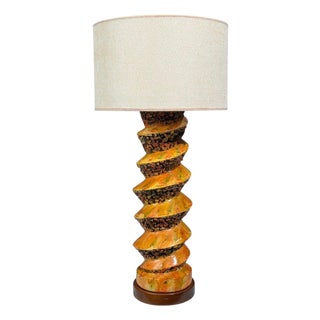 1960s American Modern, Large Table Lamp, Orange Ceramic, Walnut For Sale