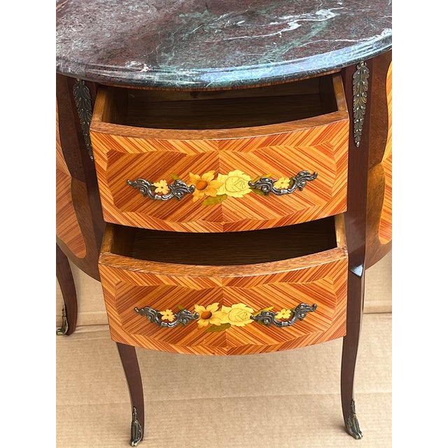 Baroque Style Walnut Inlaid Chest of 2 Drawers with Marble Top, 1960s For Sale - Image 11 of 12