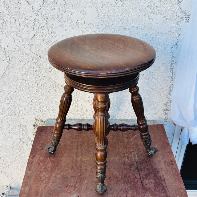 Antique Oak Swivel Piano Stool With Glass Ball Claw Feet, Circa 1900 For Sale - Image 17 of 18