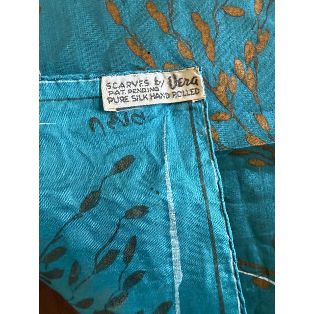 Vintage Vera Neumann Pure Silk Scarf, Turquoise and Bronze Botanical Print, Signed Vera, 16" X 16" For Sale In Charleston - Image 6 of 6