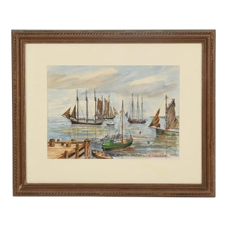 Late 20th Century Carl Christophersen "Maritime Scene" Original Watercolor — Sailing Ships, Framed For Sale
