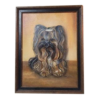 Vintage Dog Portrait Oil Painting, Yorkshire Terrier "Yorkie" Signed & Framed 1975 For Sale