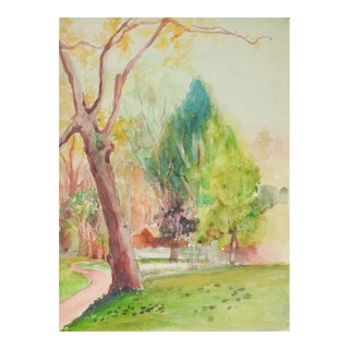 Vintage Mid 20th Century Secluded Cabin Landscape Watercolor Painting For Sale