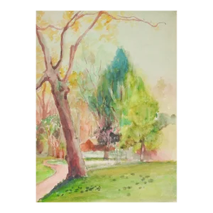 Vintage Mid 20th Century Secluded Cabin Landscape Watercolor Painting