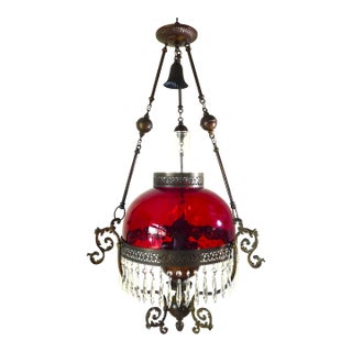 Antique Victorian Ruby Red Glass Crystal Prism Hanging Oil Lamp For Sale