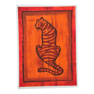 Tiger Minimalsim Folk Art Pop Art Orange Red Burnt Umber Sienna Original Painting by Cleo Plowden For Sale