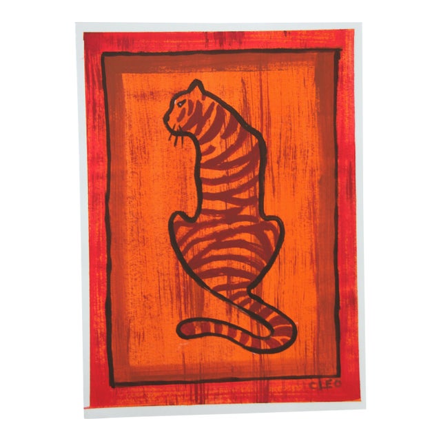Tiger Minimalsim Folk Art Pop Art Orange Red Burnt Umber Sienna Original Painting Cleo Plowden For Sale