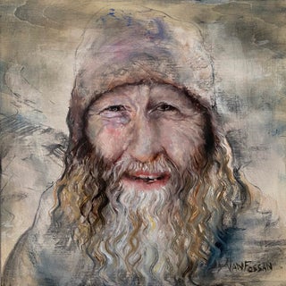 Traveler by James Van Fossan | Oil and charcoal on cradled panel portrait of a bearded man For Sale