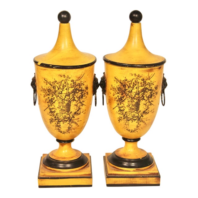Mid Century Italian Yellow Tole Urns - a Pair For Sale