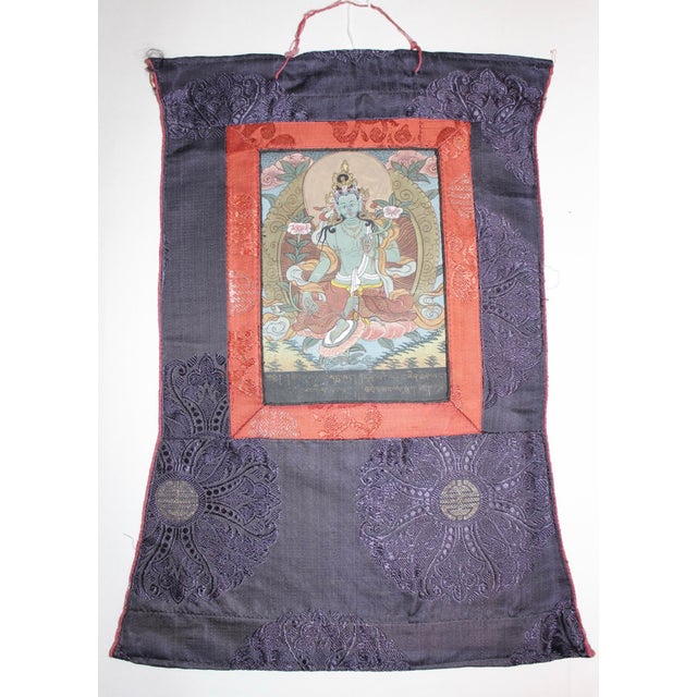 Late 18th Century Antique Tibetan Green Tara Thangka, Qing Dynasty (18th–19th Century) For Sale - Image 5 of 12
