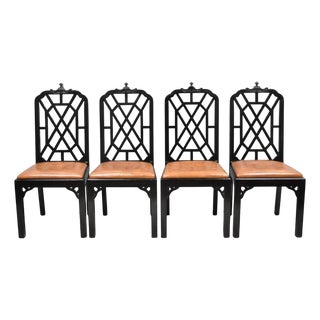 Vintage Chinese Chippendale Pagoda Fretwork Black Lacquer Dining Chair, Set of 4 For Sale