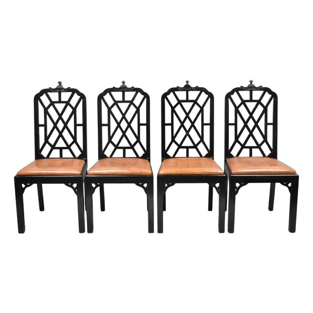 Vintage Chinese Chippendale Pagoda Fretwork Black Lacquer Dining Chair, Set of 4 For Sale