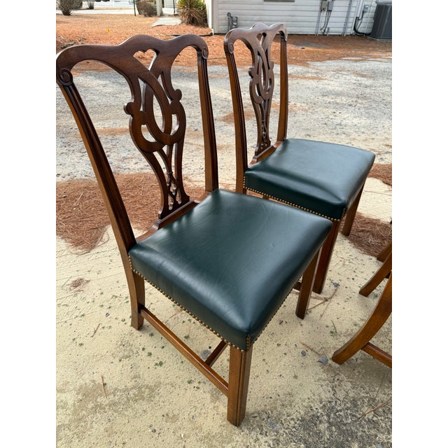 Wood Mid 20th Century Chippendale Leather Seat Arm Chairs Set of 4 For Sale - Image 7 of 12
