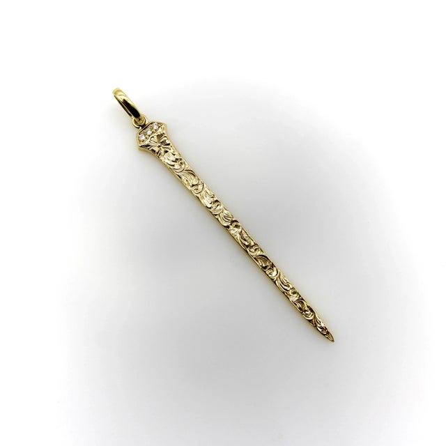 14k Gold Hand Engraved Lucky Nail Pendant With Diamonds For Sale In Los Angeles - Image 6 of 9