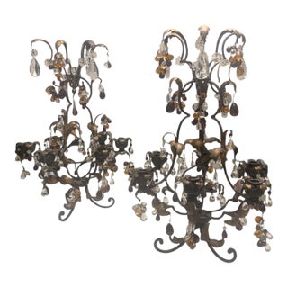Circa 1940s Italian Gilt Tole & Glass Fruit Candelabra — Pair For Sale