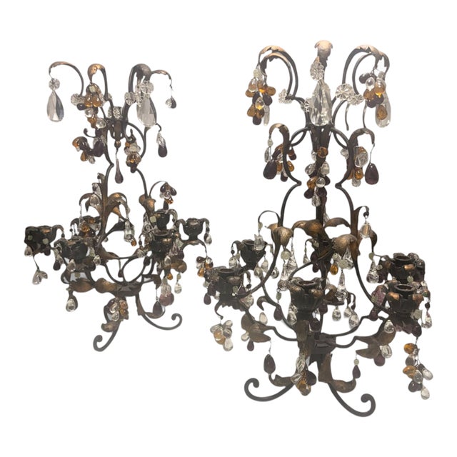 Circa 1940s Italian Gilt Tole & Glass Fruit Candelabra — Pair For Sale