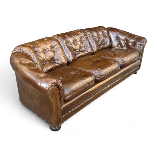 English Vintage Chesterfield-Style Cognac Brown Leather Sofa With Button Tufting and Rolled Arms For Sale - Image 3 of 14