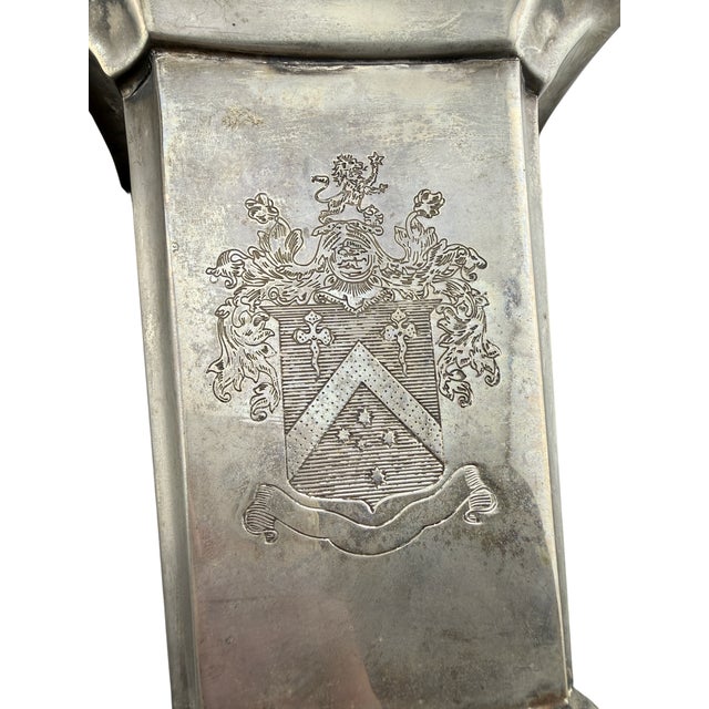 Traditional Silver Tapered Shaped Engraved Coat of Arms Urn Pair For Sale - Image 3 of 7