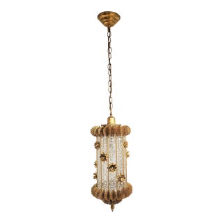 1960's Gilt Steel and Glass Chandelier/Lantern With Flowers For Sale