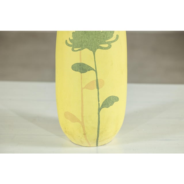 Artisan Tall Yellow Ceramic Vase with Hand-Painted Floral Motif, Sold As Is For Sale - Image 9 of 18