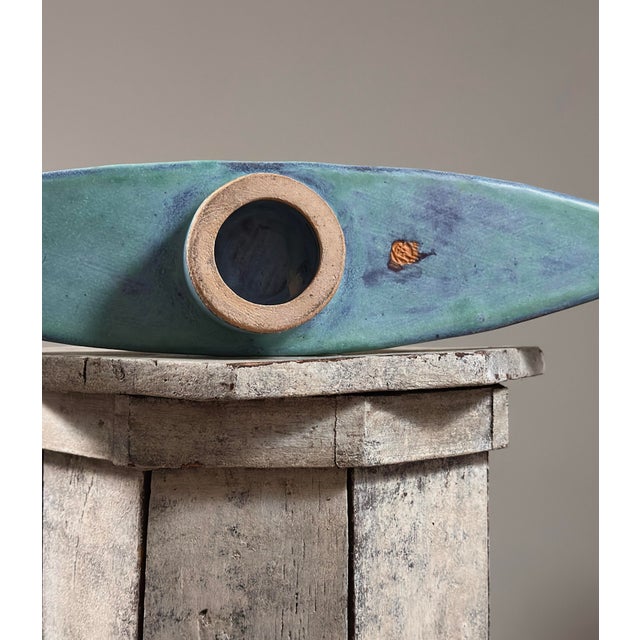 Vintage Japanese Modernist Turquoise Double Stem Ikebana Ceramic Vessel, Signed For Sale - Image 11 of 11