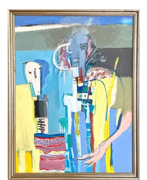1980s Vintage Abstract Figurative Neo-Expressionist Oil on Board, Framed