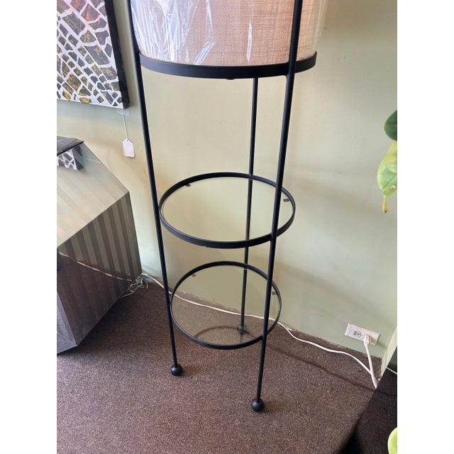 Mid-Century Modern 1950s Frederic Weinberg Iron + Glass Circular Floor Lamp With Shelves For Sale - Image 3 of 11