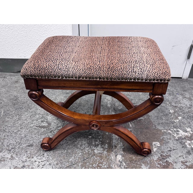 X-Frame English Regency Leopard Upholstered Ottoman For Sale - Image 4 of 12