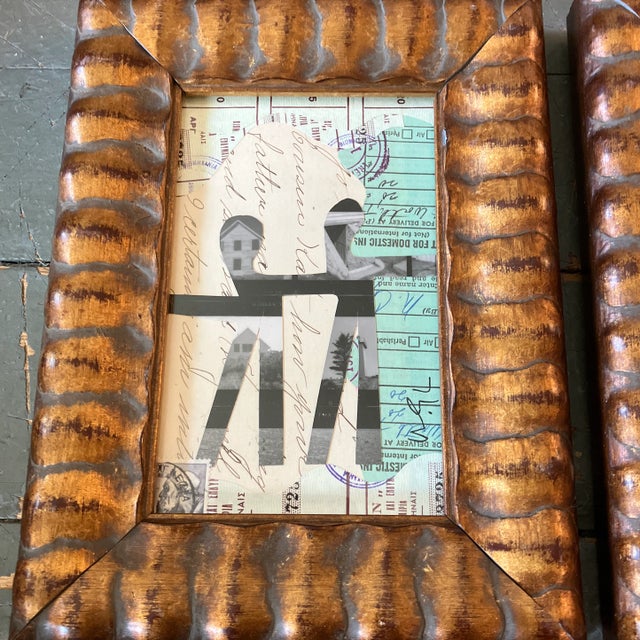 2 original 4 x 6 collages done with vintage papers both signed Overall size with frame is 6.5 x 8.5