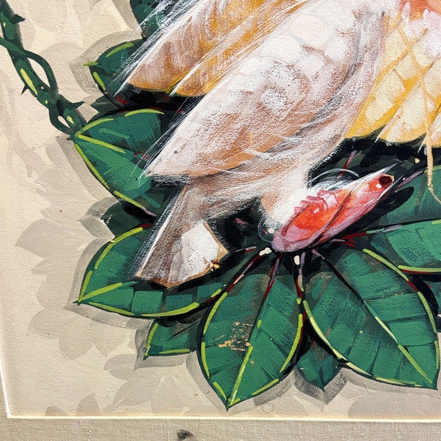 Mid-Century Hawaiian Cockatoo & Botanical Airbrush Original Painting Signed Seay, Framed For Sale - Image 4 of 12