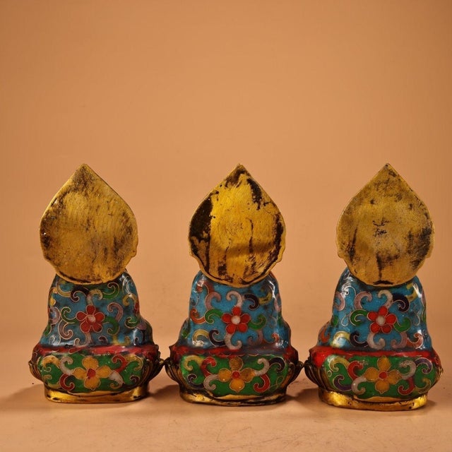 Chinese Set of 3 Antique Chinese Gilt Cloisonné Buddhist Triad Statues For Sale - Image 3 of 9