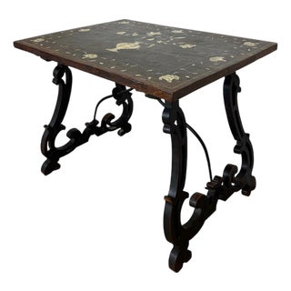 Spanish Baroque Style Side Table with Floral Marquetry Top and Ebonized Base, 1930 For Sale