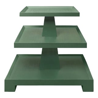 Matthew Izzo Home - Tatiana Textured Green Linen Tapered Three Tier Side Table With Column Center Top 20” X 14” For Sale