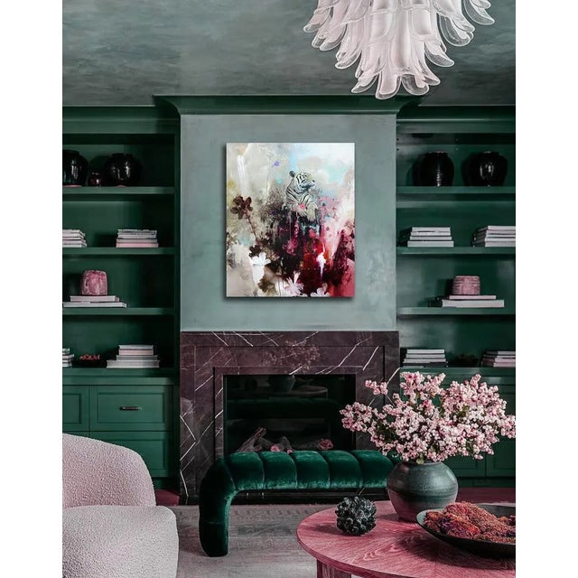 "mount fortitude" is a stunning contemporary painting by eric robitaille, depicting a stoic and powerful white tiger....